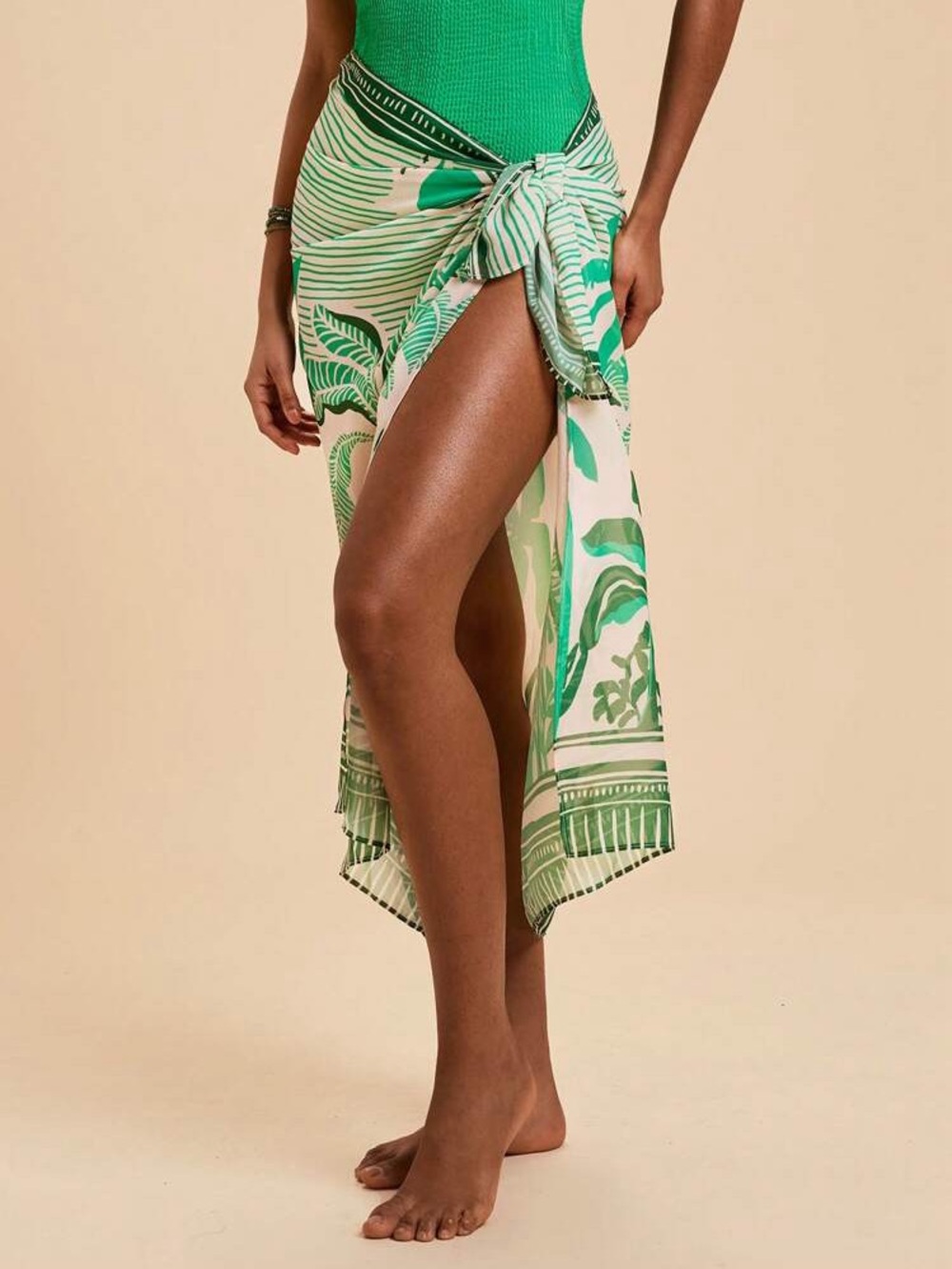 SHEIN Green Palm-Print Swim Sarong Cover-Up - Picture 3 of 5